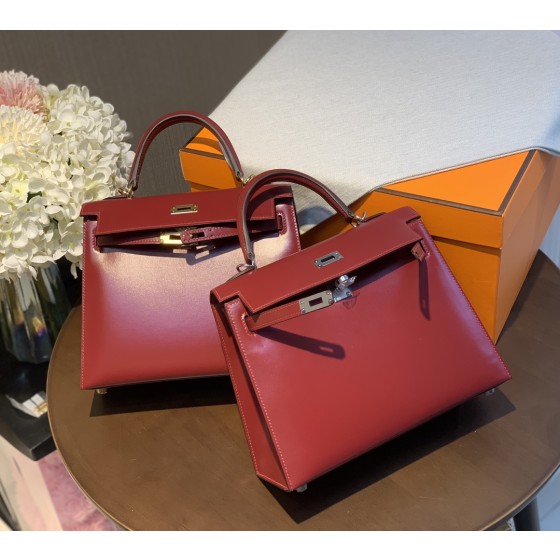 Kelly25 imported box leather Hermes red full handmade silver buckle